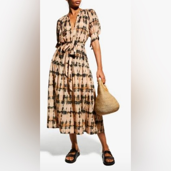 Ulla Johnson beige 'Selena' dress with tie waist in palm tie dye medium - Picture 3 of 14